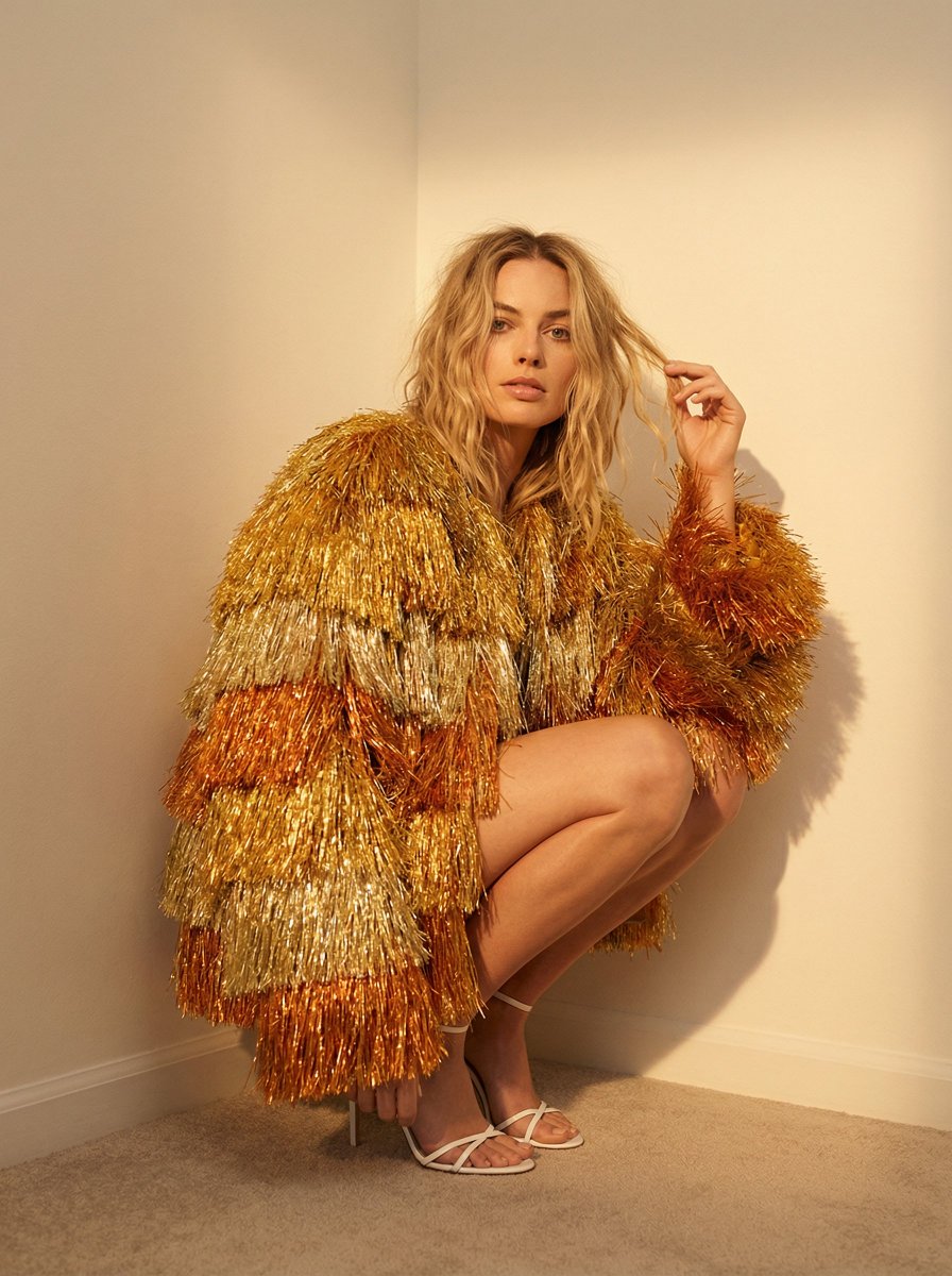 High-Fashion Editorial with Metallic Fringe Coat AI image template preview