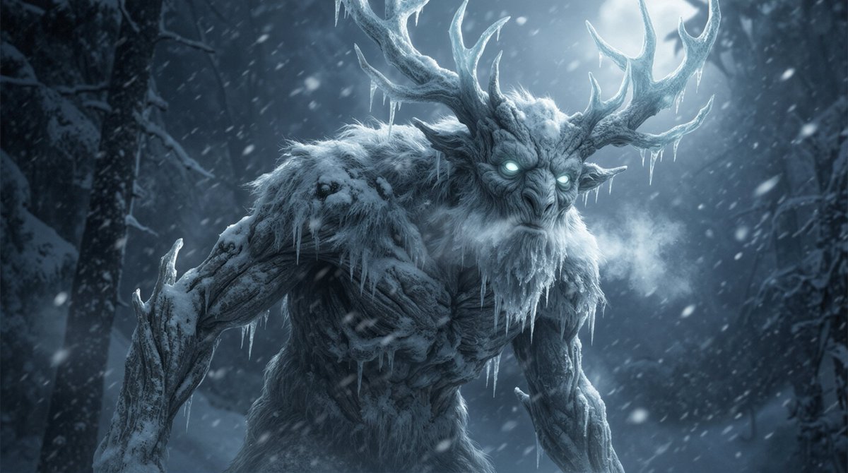 Dark Fantasy Winter Creature Emerging from a Blizzard AI image template preview