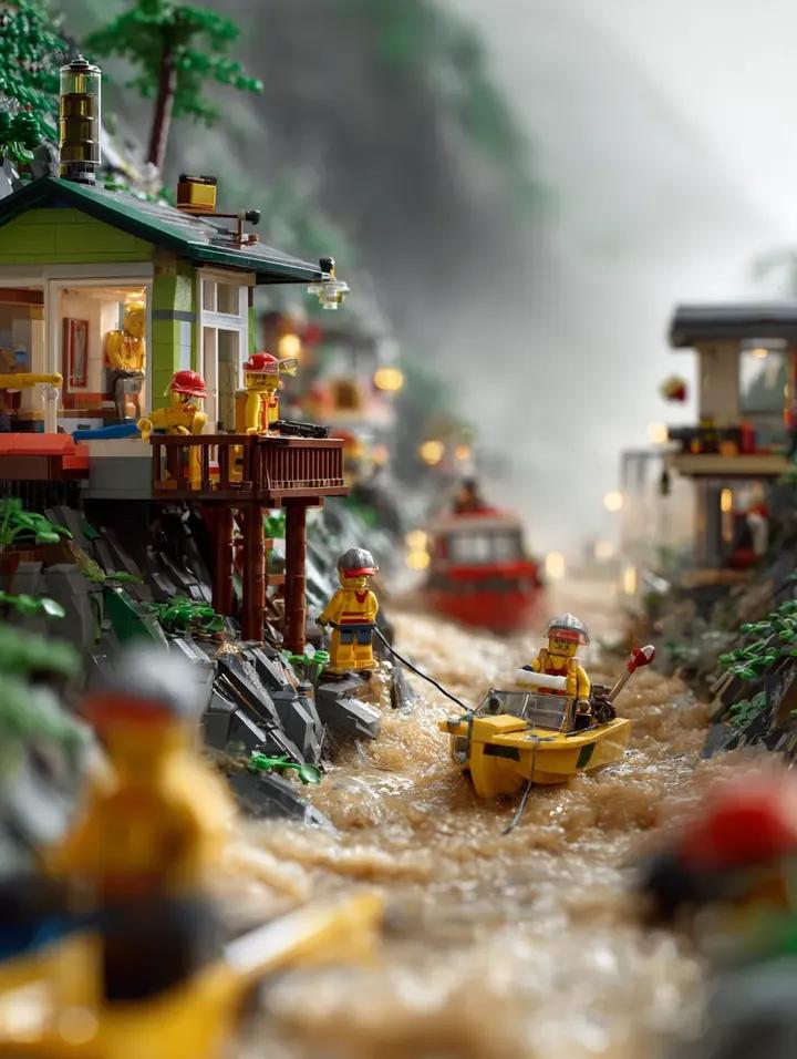 LEGO Mountain Flood Rescue Scene Prompt AI image template preview
