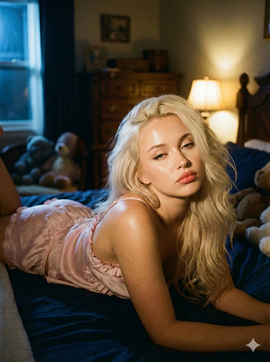 Intimate Low-Light Bedroom Portrait with Vintage Film Aesthetic AI image template preview