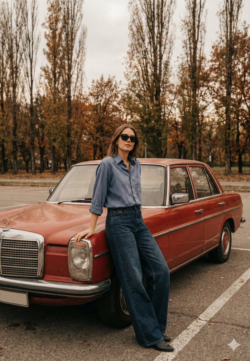 Old Money Cinematic Portrait with Vintage Sedan AI image template preview