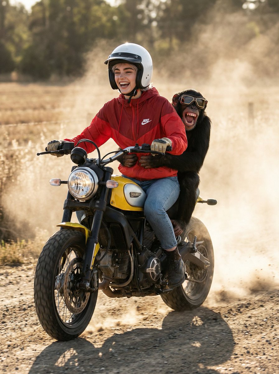Cinematic Action Photo and Video Prompt (Woman and Chimpanzee on Motorcycle) AI image template preview