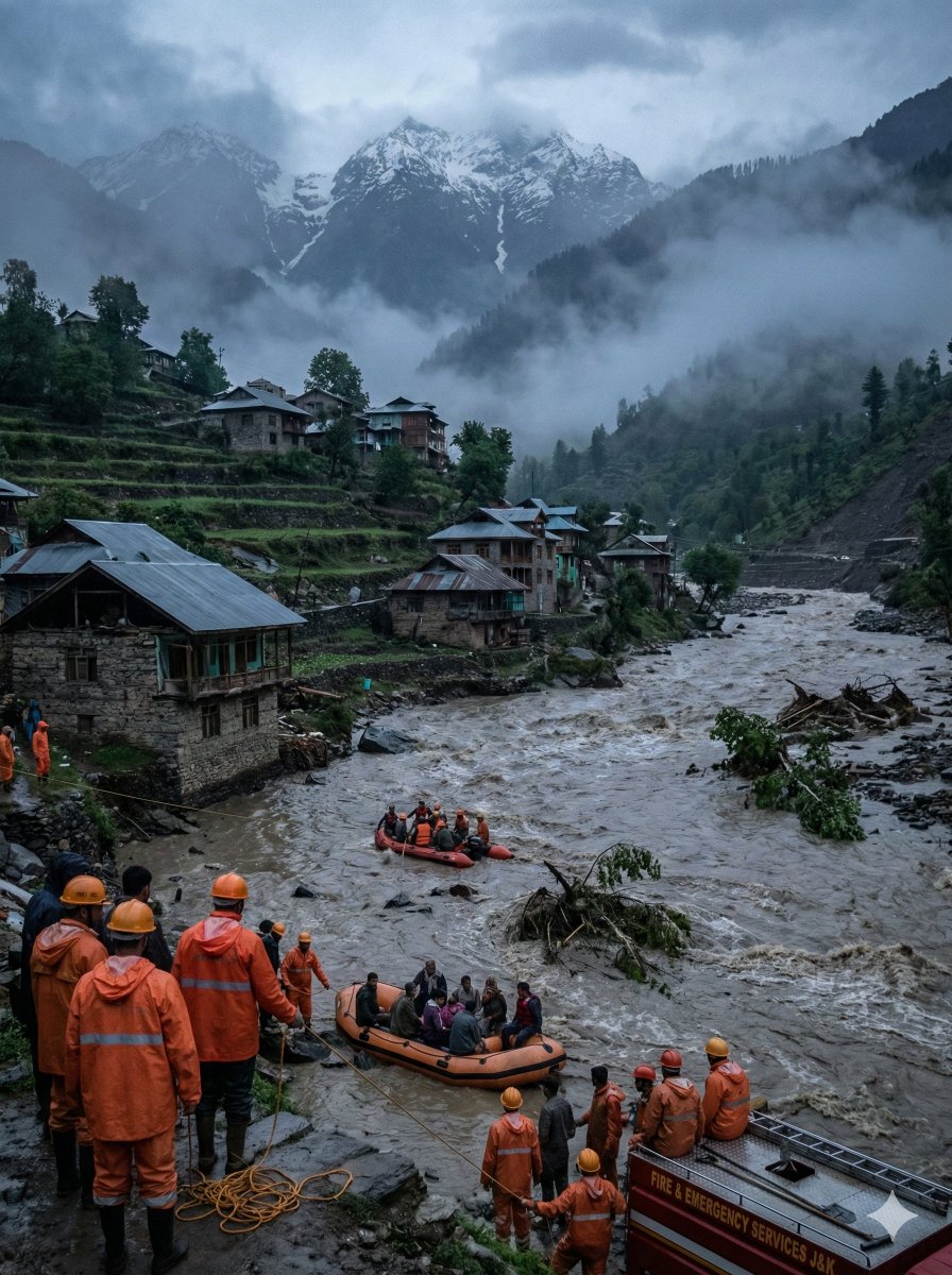 Dramatic Cinematic Kashmir Mountain Flood Rescue Scene AI image template preview