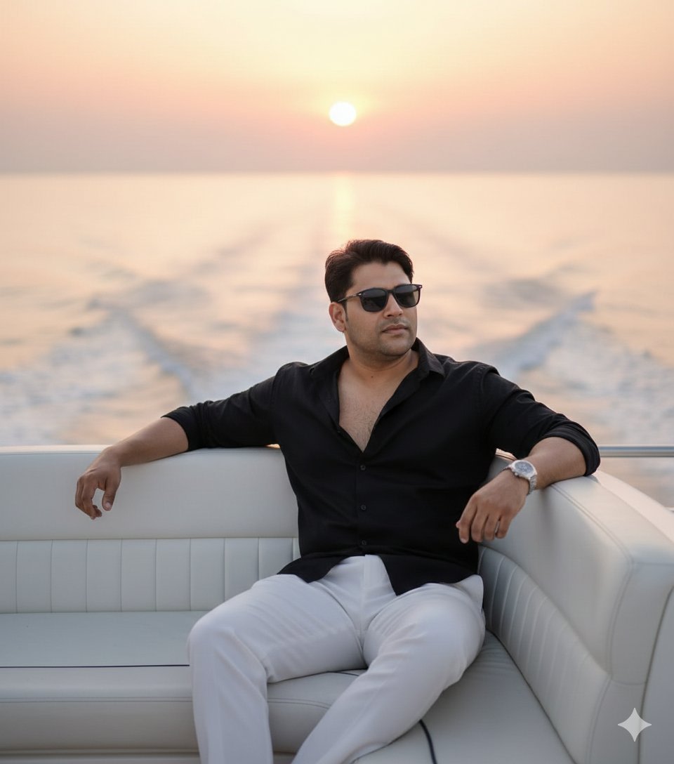 Ultra-realistic cinematic portrait on a luxury yacht at sunset AI image template preview