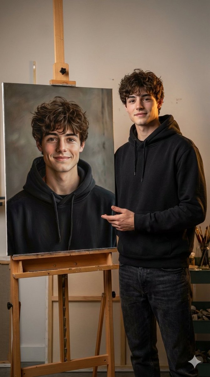 Hyper-realistic portrait with a painting of the subject AI image template preview