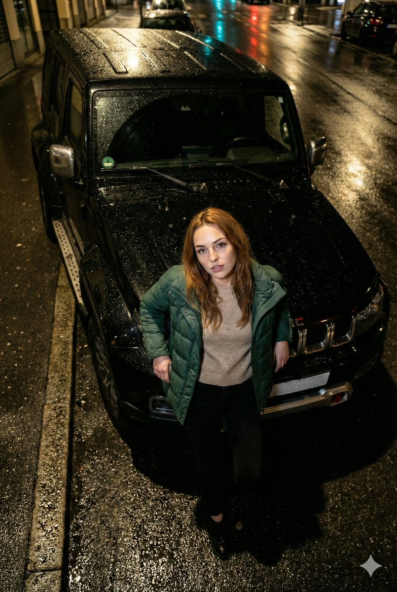 High-Angle Flash Photo on SUV Hood at Night AI image template preview