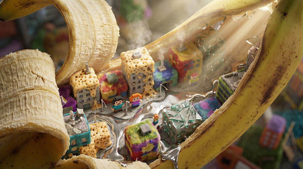 Nano-Scale Cityscape Inside a Banana Peel Prompt AI image template preview
