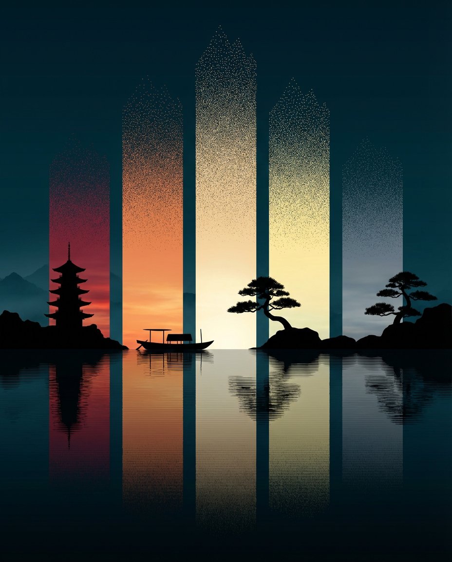 Abstract Eastern Zen Landscape with Time-Slice Lighting AI image template preview