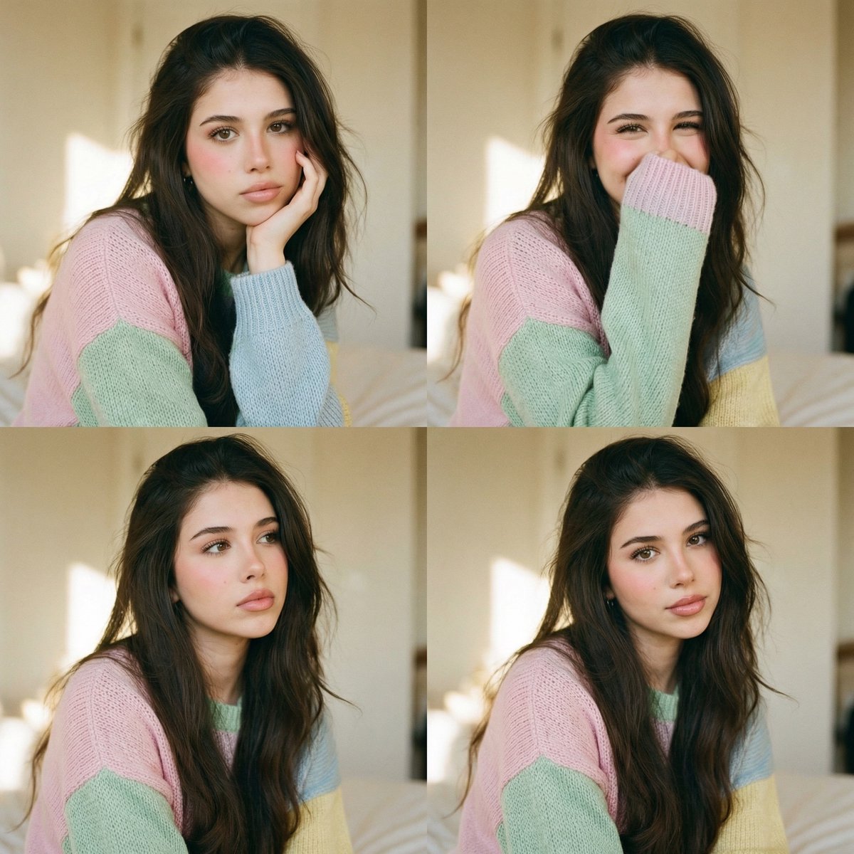 Analog Editorial Portrait Grid in Cozy Bedroom AI image template preview