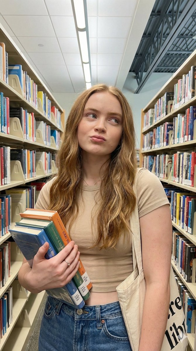Playful Lifestyle Photo of Woman in Library Prompt AI image template preview