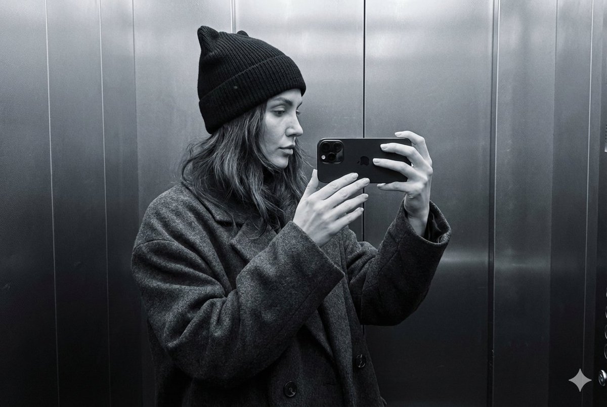 Monochrome Elevator Mirror Selfie with Cat-Ear Hat AI image template preview