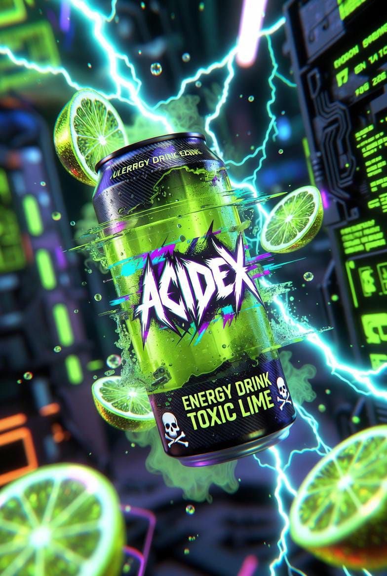 Hyper-Realistic Neon Energy Drink Product Shot Prompt AI image template preview