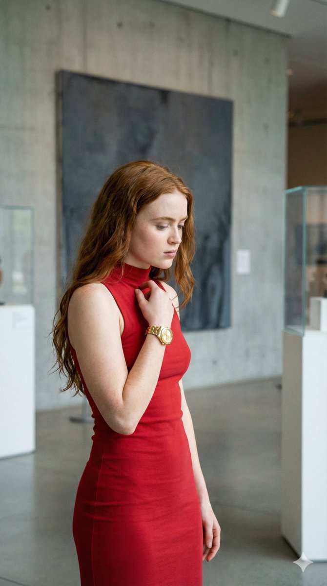 4K Candid Portrait of Sadie Sink in Red Dress Prompt AI image template preview