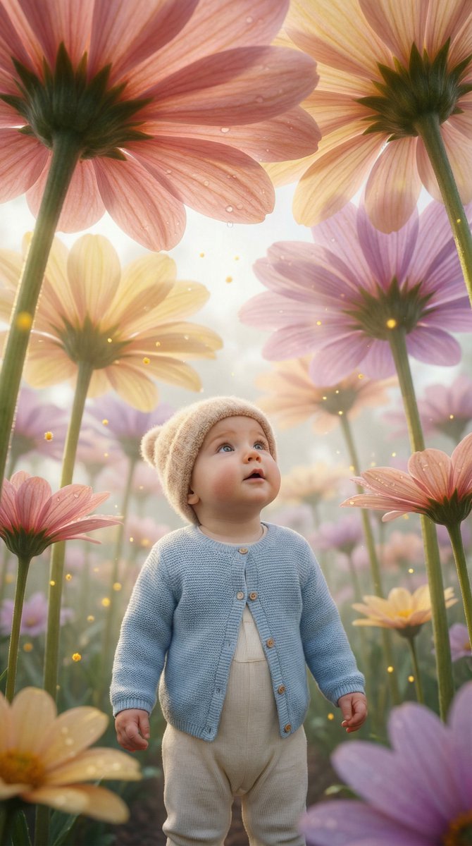 Ultra-Realistic Surreal Conceptual Portrait of a Baby in a Gigantic Flower Field AI image template preview