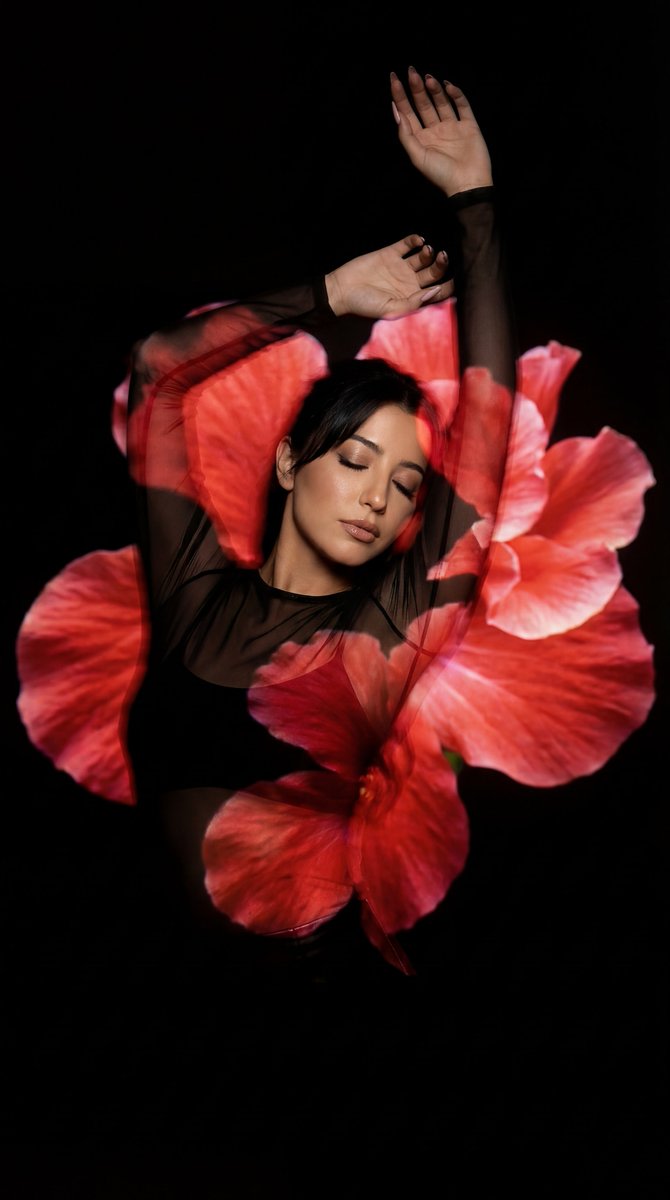 Surreal Fine Art Portrait with Red Flower Projection AI image template preview