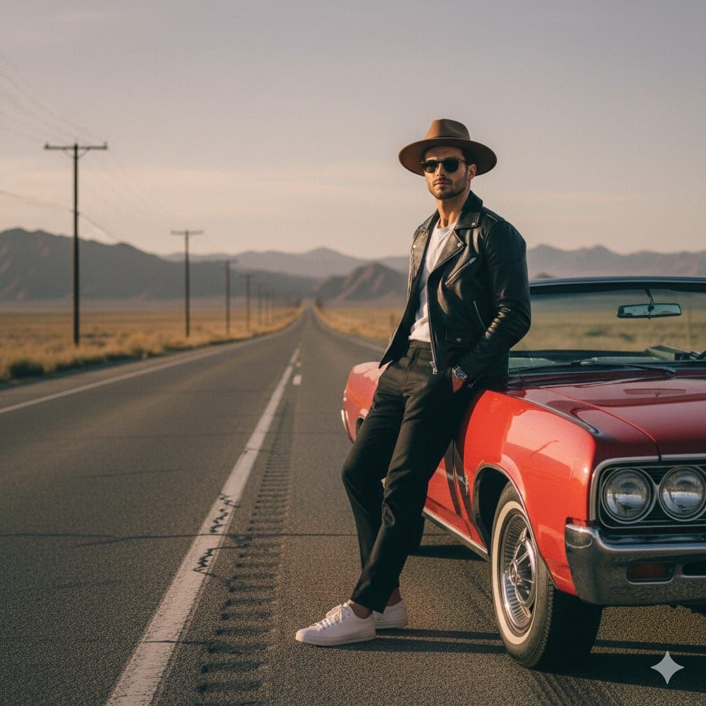 Cinematic Desert Highway Fashion Portrait Prompt AI image template preview