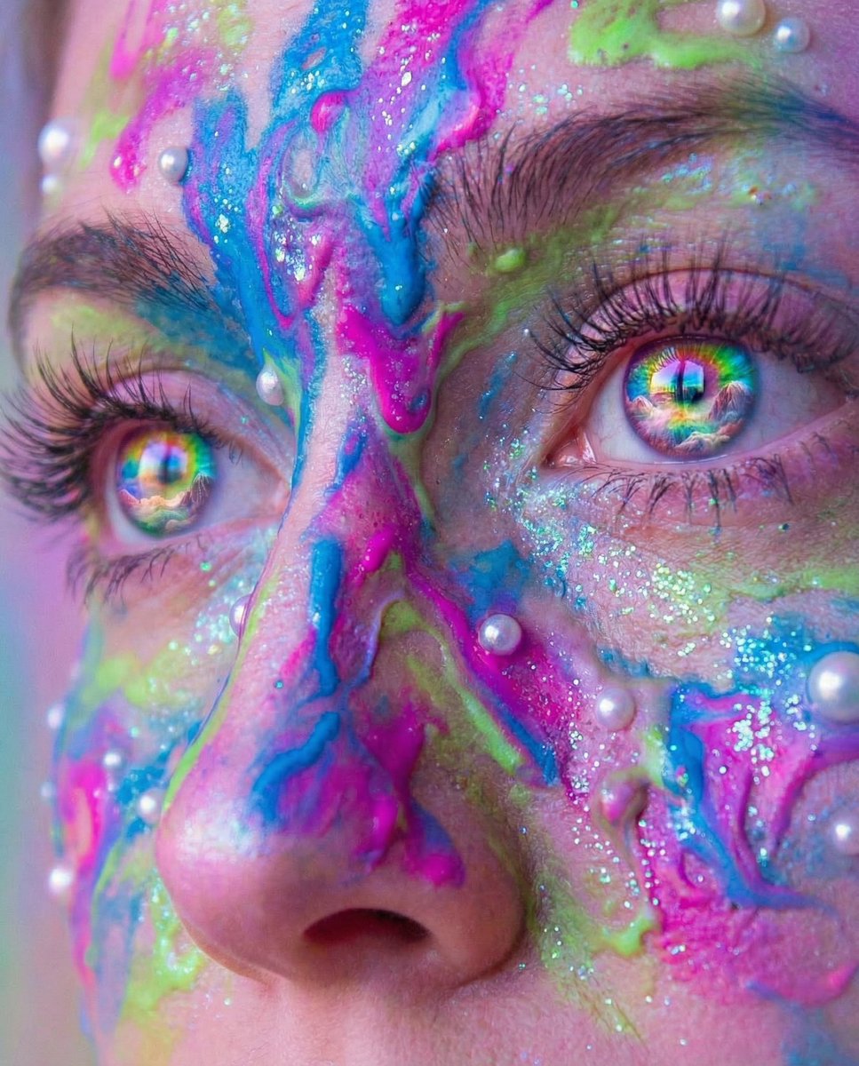 Surreal Portrait with Rainbow Irises and Melted Paint AI image template preview