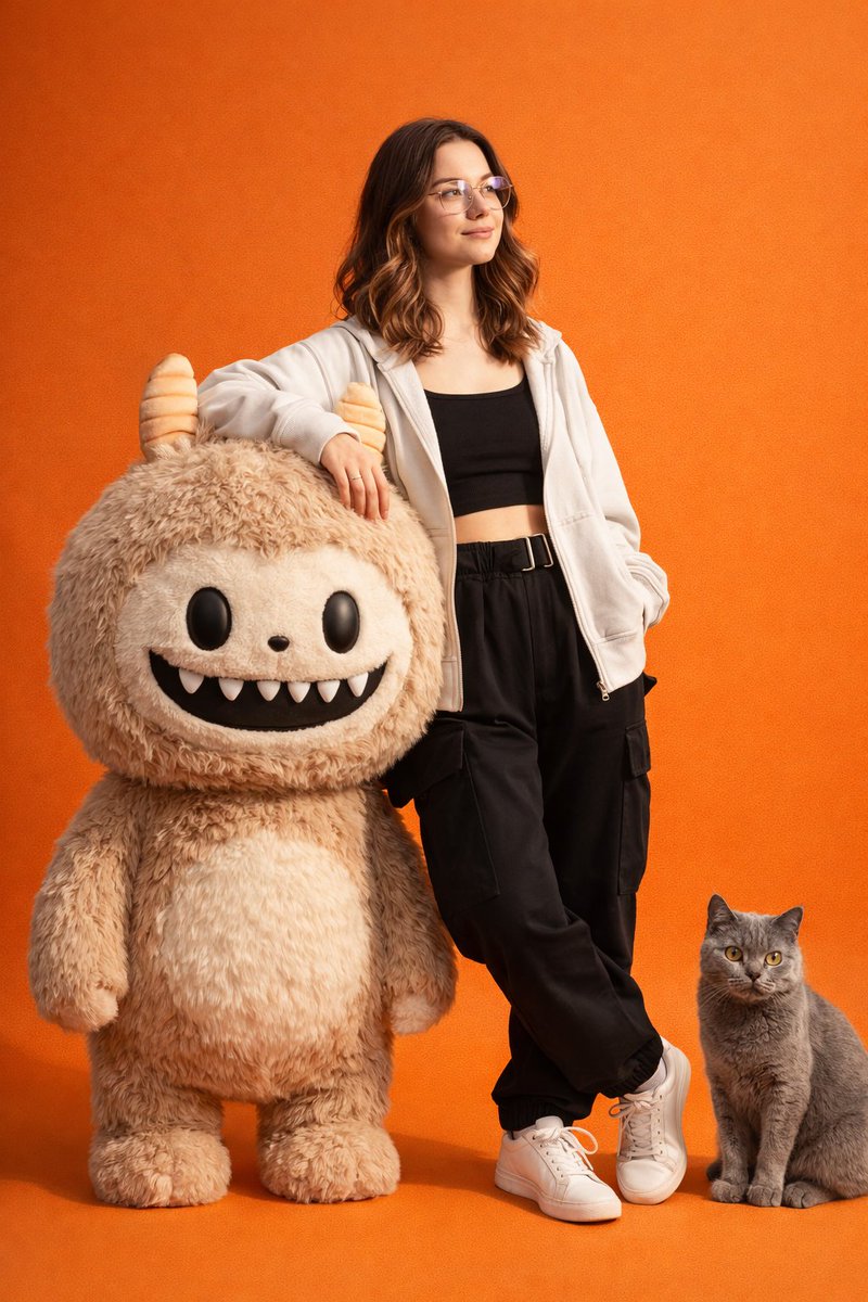 Gen-Z Fashion Portrait with Labubu and Cat Prompt AI image template preview