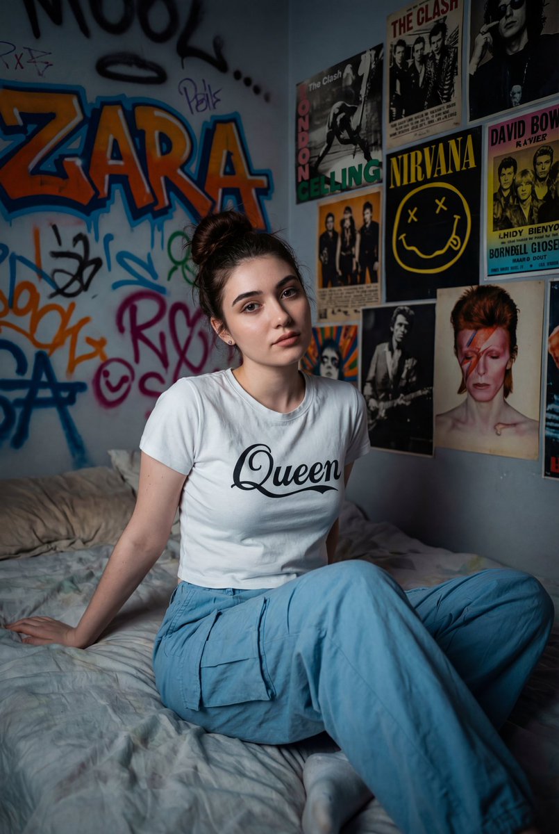 Cinematic Portrait of a Woman on a Messy Bed with Graffiti Background AI image template preview