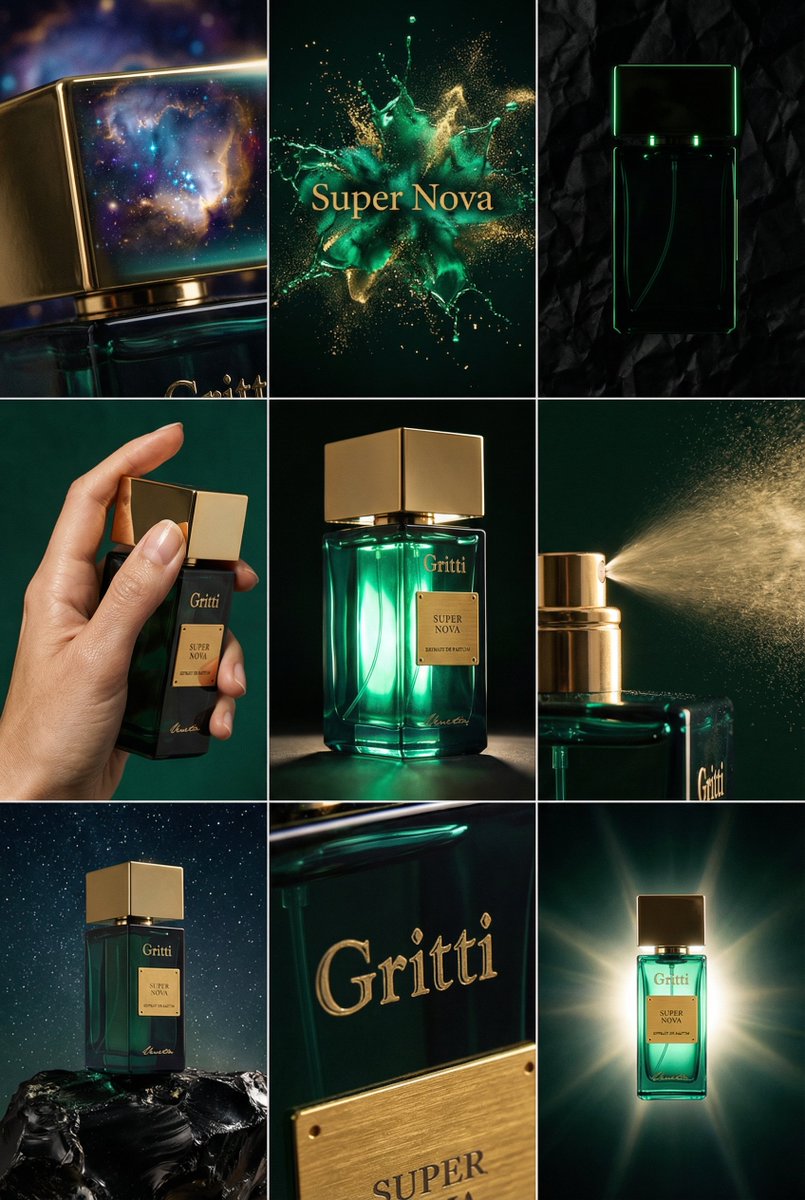 JSON Prompt for Cinematic Perfume Editorial Grid AI image template preview