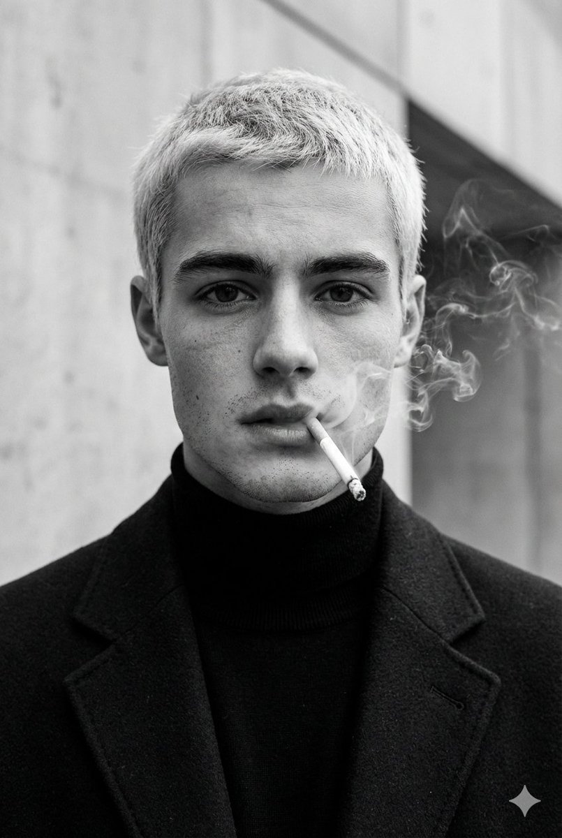 High-Fashion Black and White Portrait with Cigarette Smoke AI image template preview