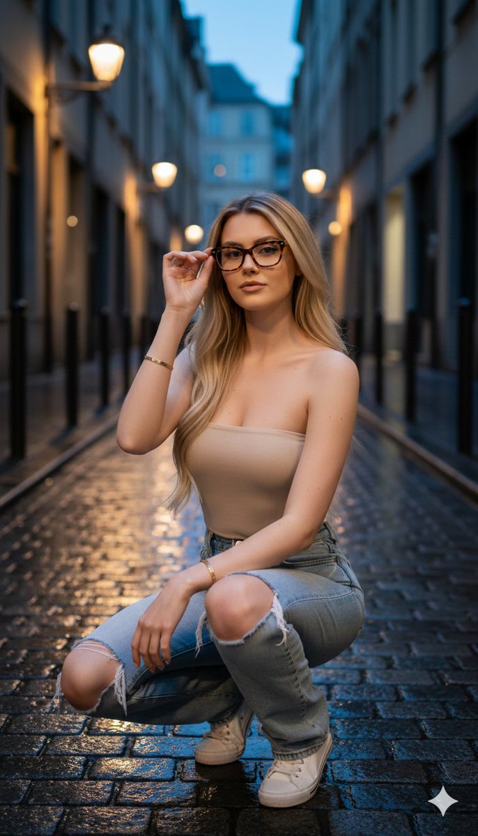 Hyper-realistic twilight portrait in a European alleyway AI image template preview