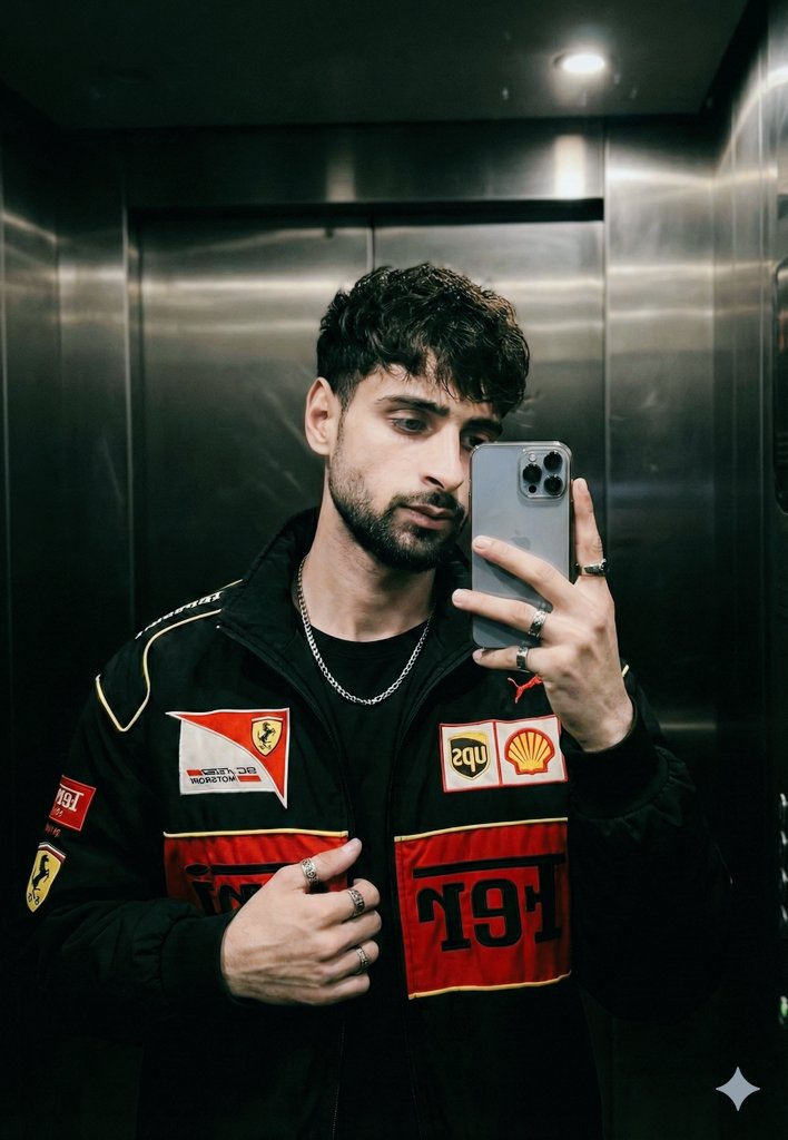 Cinematic mirror selfie in a stainless-steel elevator AI image template preview