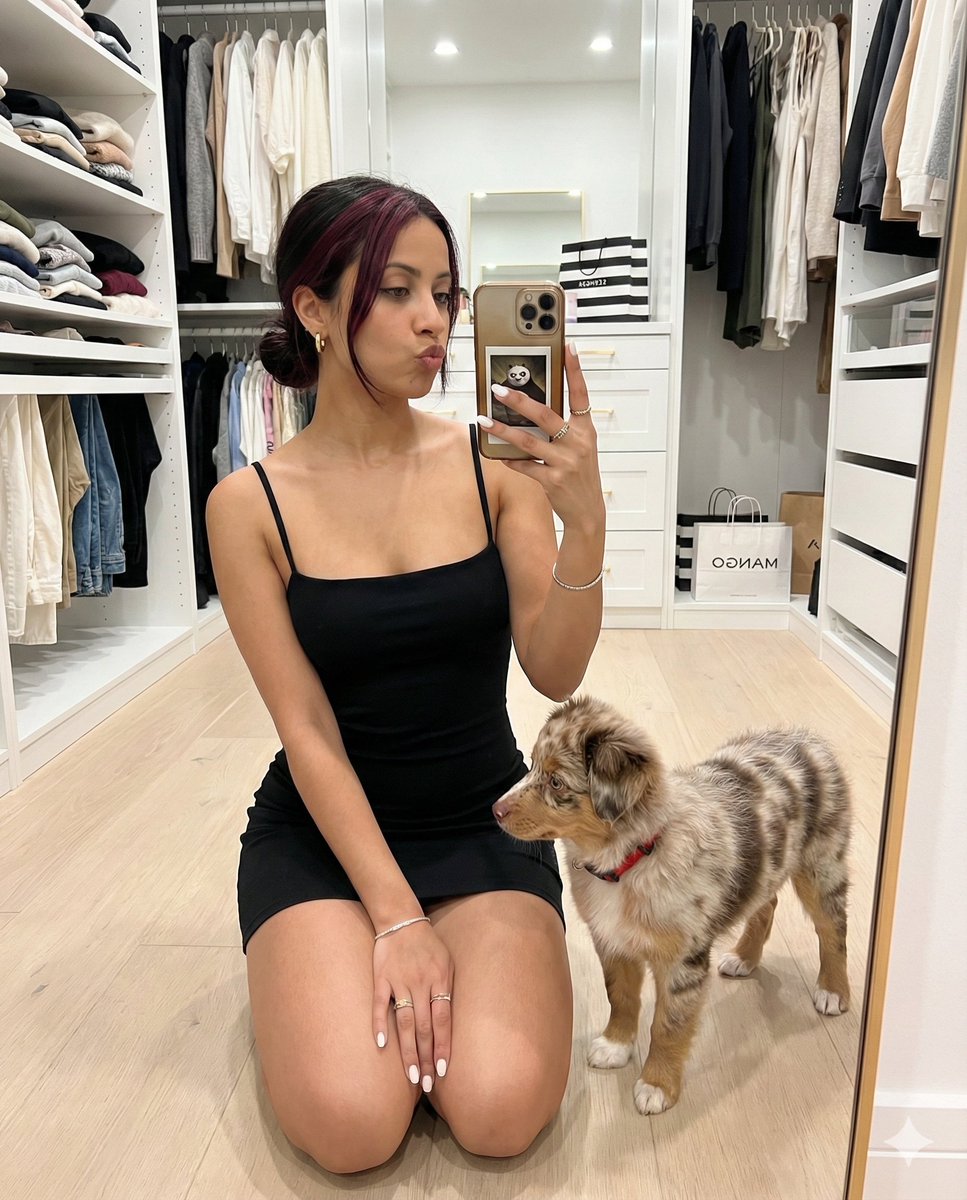 Luxury Closet Mirror Selfie with Dog and Reference Face AI image template preview