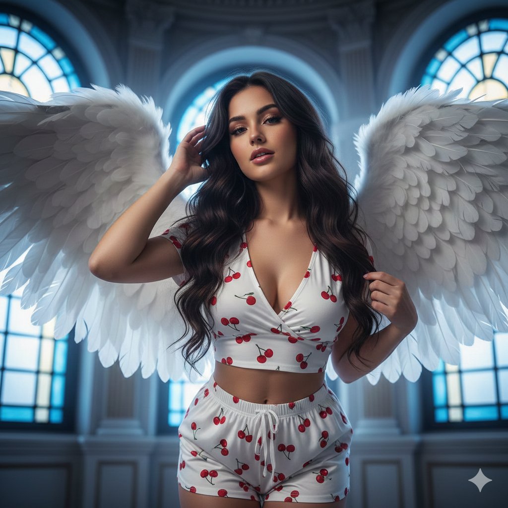 Flirtatious angel warrior portrait with low-angle framing AI image template preview