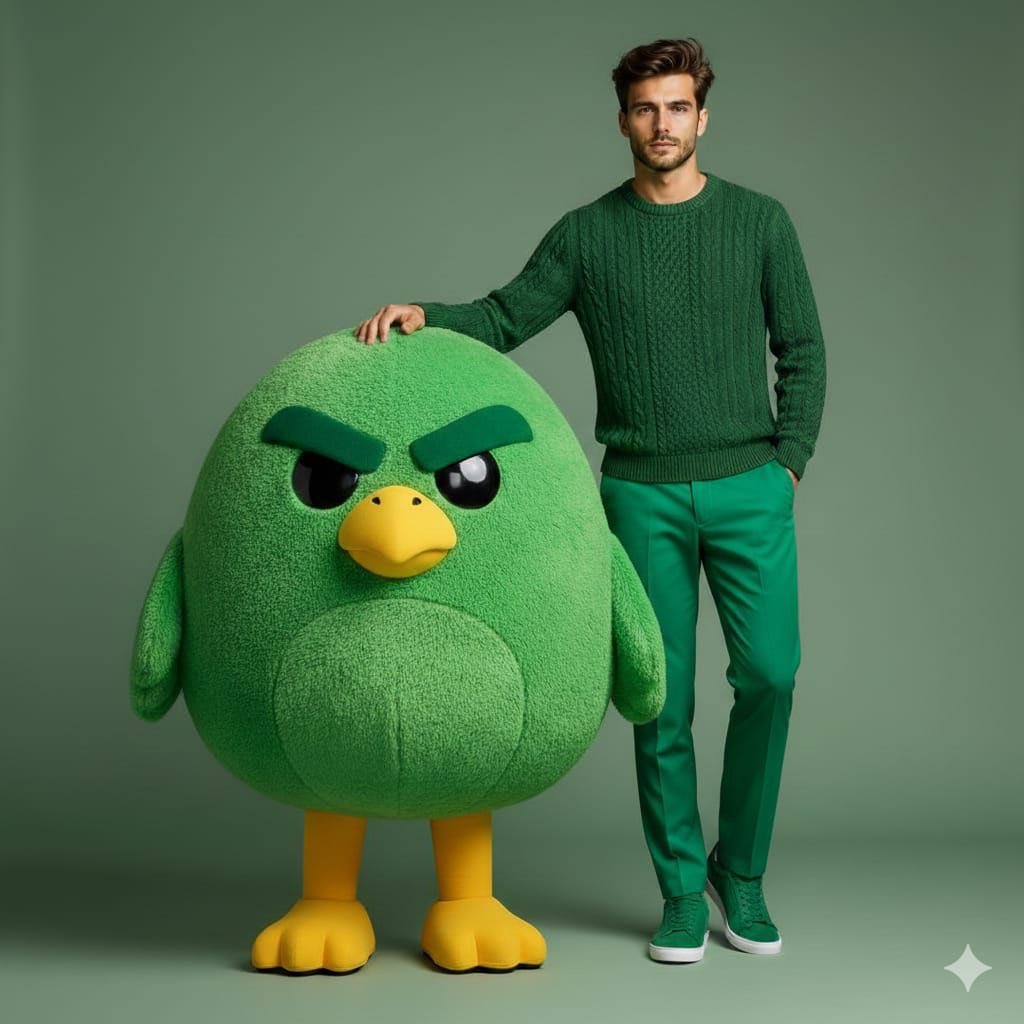 High-end fashion portrait with plush cartoon mascot AI image template preview