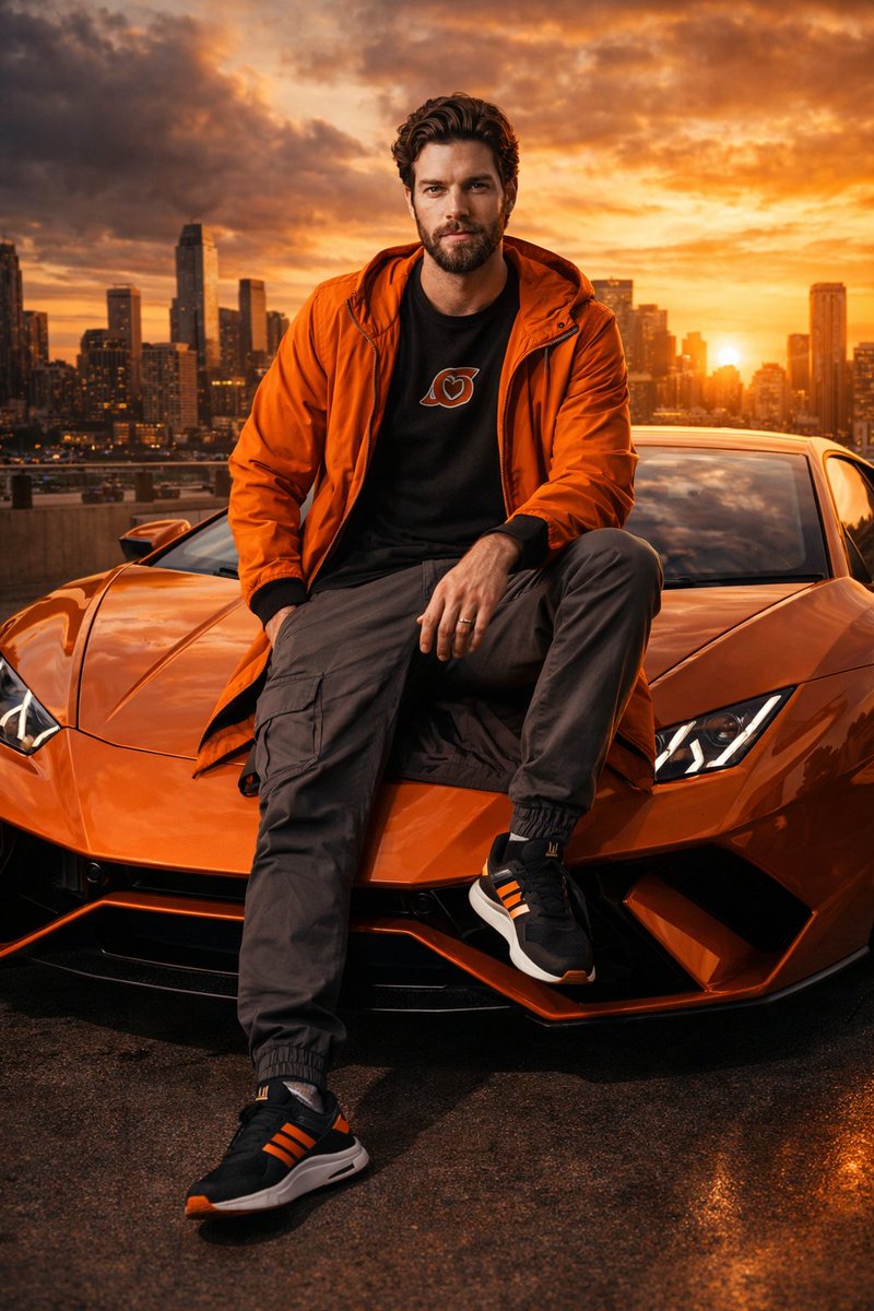 Streetwear Man on Lamborghini at Sunset example 2