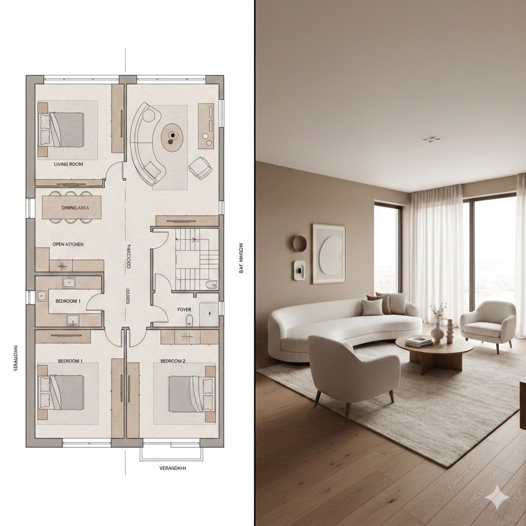 Prompt for Generating Architectural Floor Plan and Photorealistic Interior Comparison AI image template preview