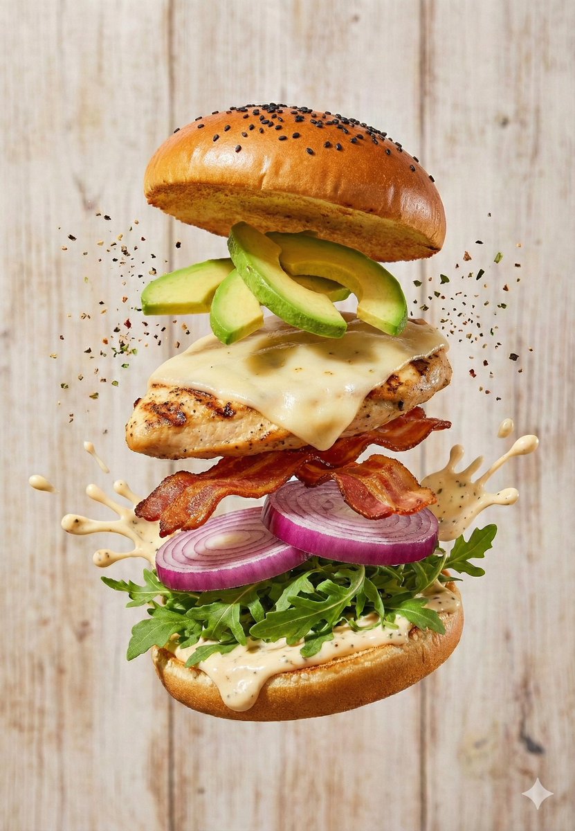 Floating Gourmet Burger Commercial Shot AI image template preview