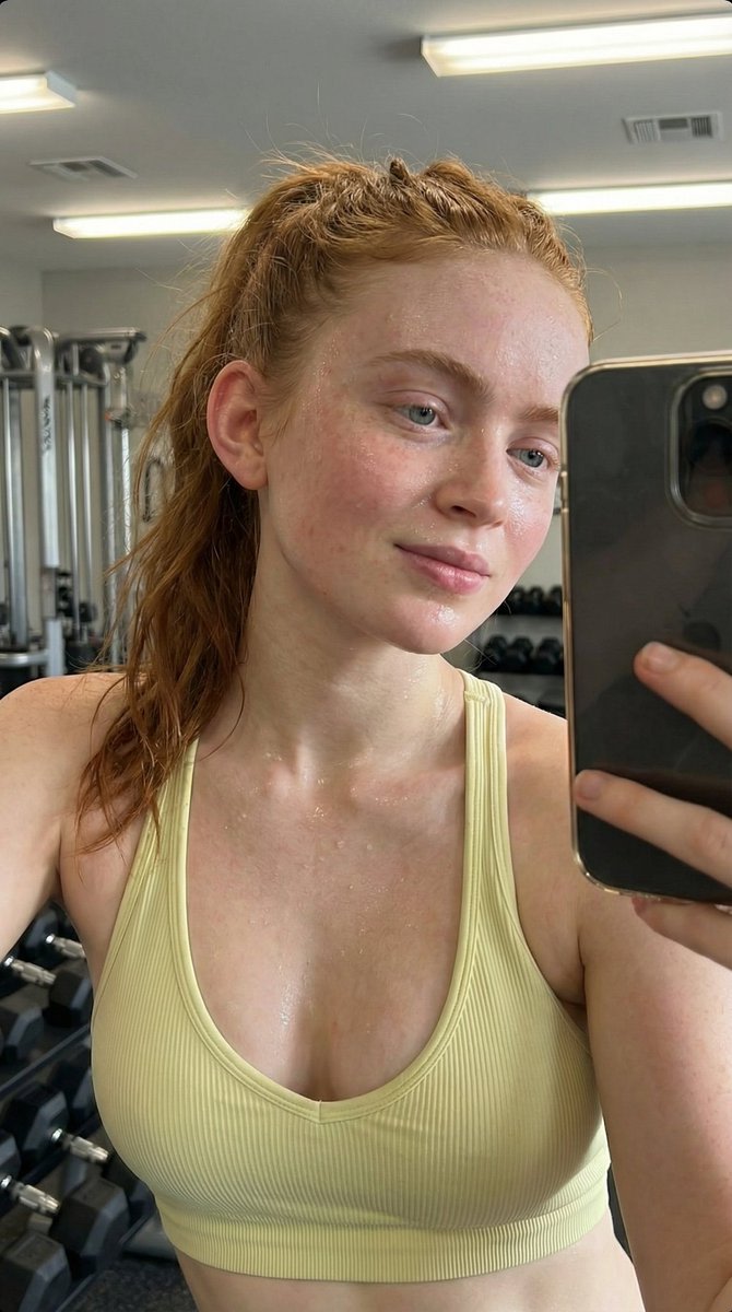 Photorealistic Post-Workout Sadie Sink Selfie AI image template preview