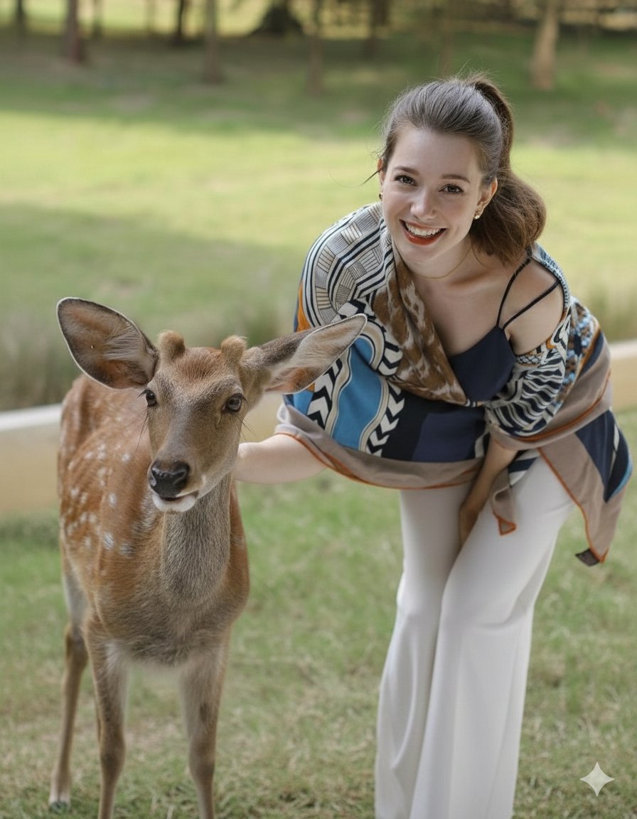 Photorealistic portrait of a woman feeding a fallow deer AI image template preview