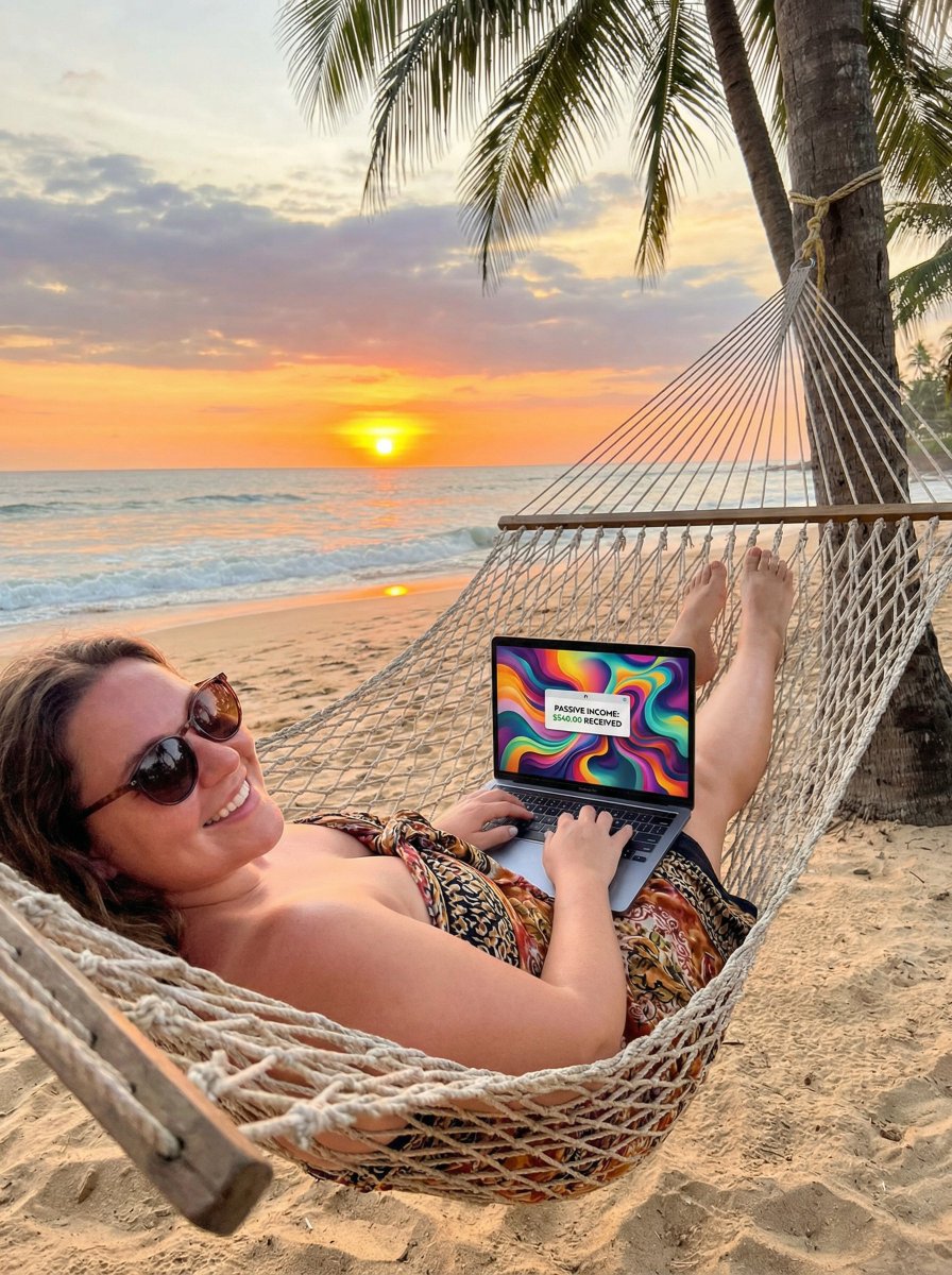 JSON Prompt for Digital Nomad Generating AI Art on a Beach Hammock AI image template preview