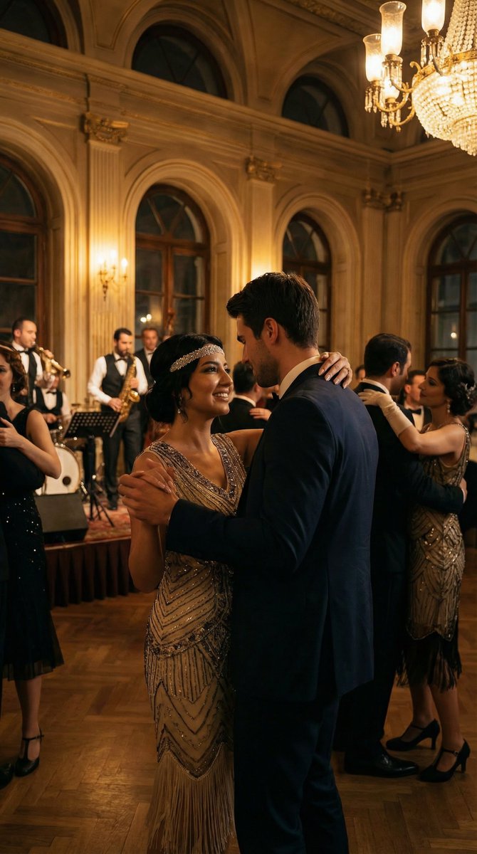 Historical romantic editorial of a couple dancing in 1920s Istanbul AI image template preview