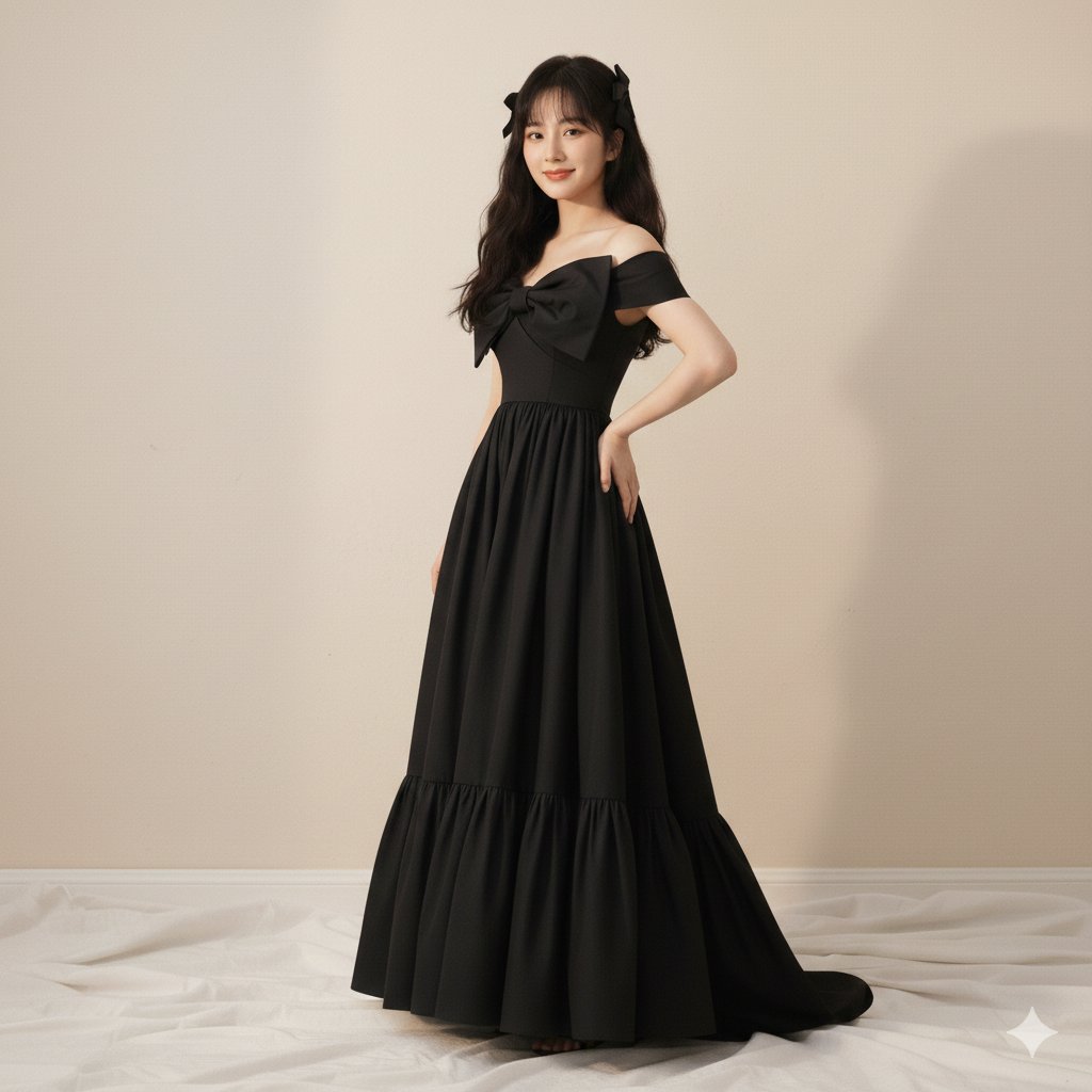 High-Fashion Editorial of Zhao Lusi in Black Bow Gown AI image template preview