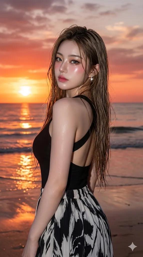 Golden Hour Beach Portrait with Glass Skin Effect AI image template preview