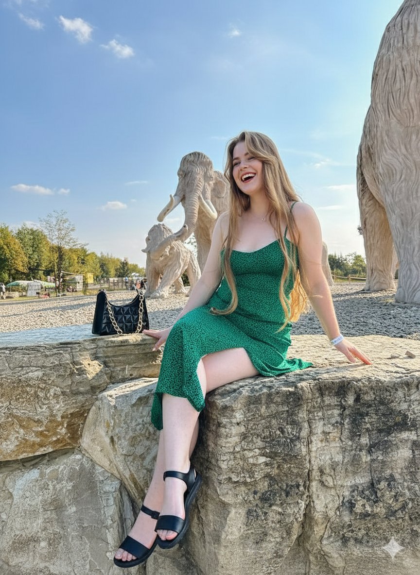 Joyful Woman at Prehistoric Mammoth Park AI image template preview
