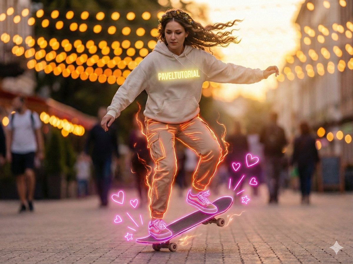 Neon-Outlined Skateboarder Action Shot AI image template preview