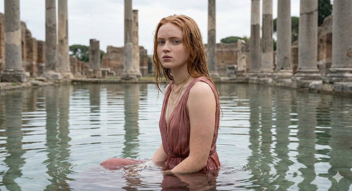 Sadie Sink in Grecian Dress in Ancient Ruins AI image template preview