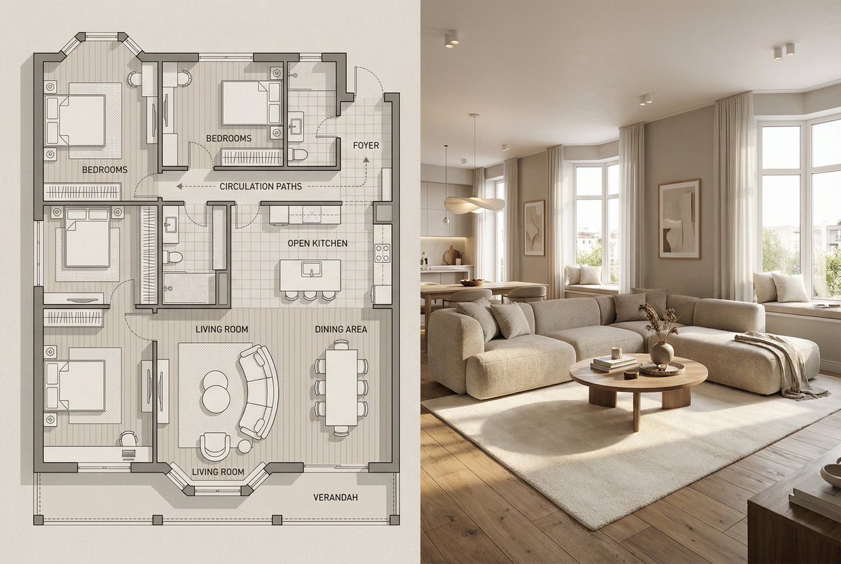 Architectural Floor Plan and Realistic Interior Photo Generation AI image template preview