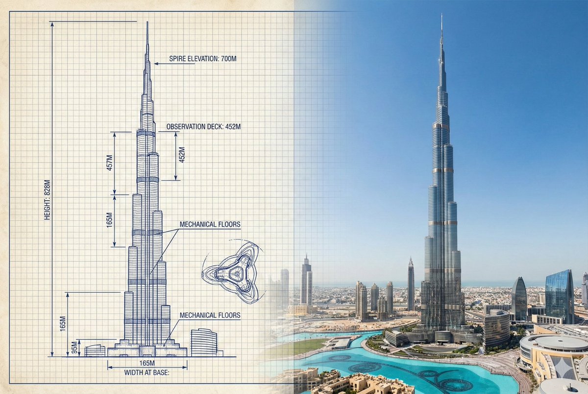 Burj Khalifa Technical Sketch and Real Photo Comparison AI image template preview