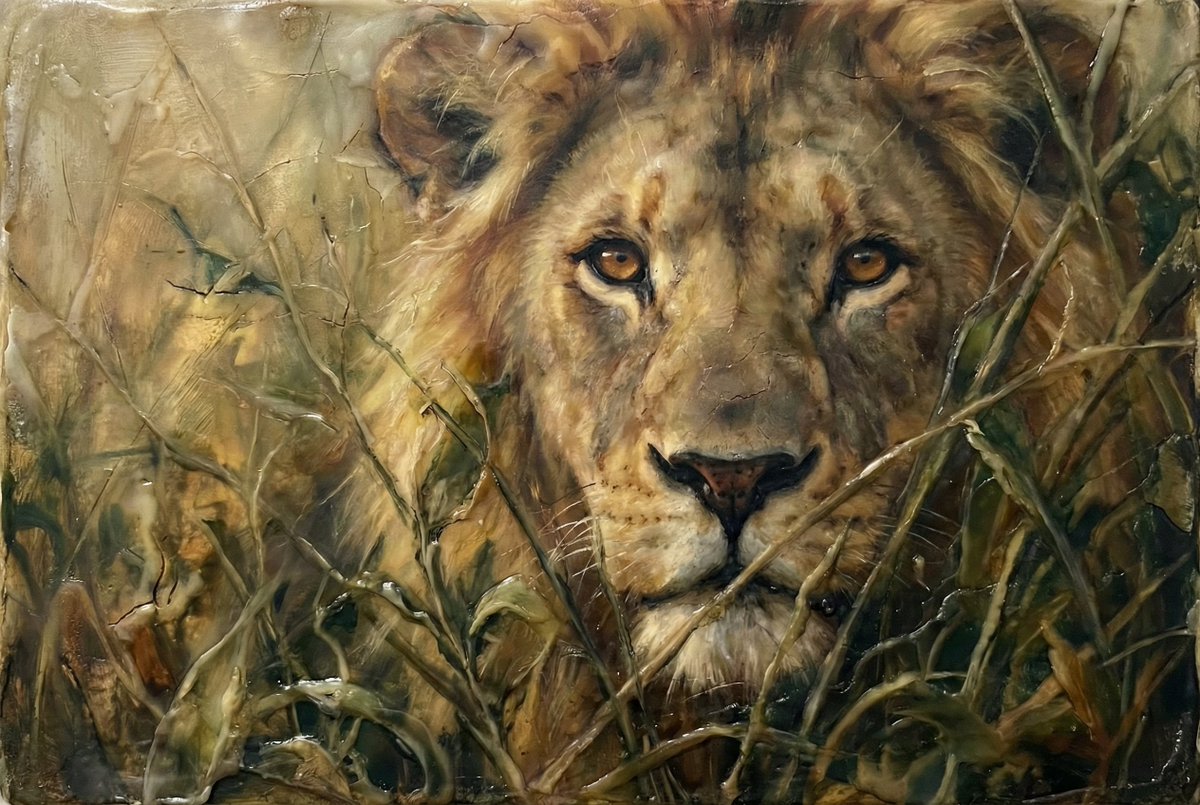 Heavily Detailed Oil Painting of a Lion in a Thicket AI image template preview