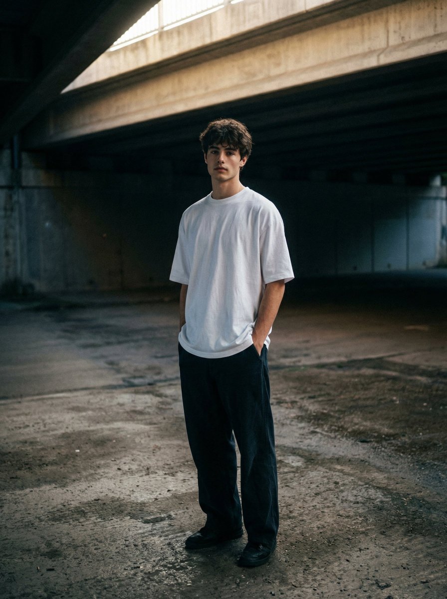 Moody urban portrait under a concrete overpass AI image template preview