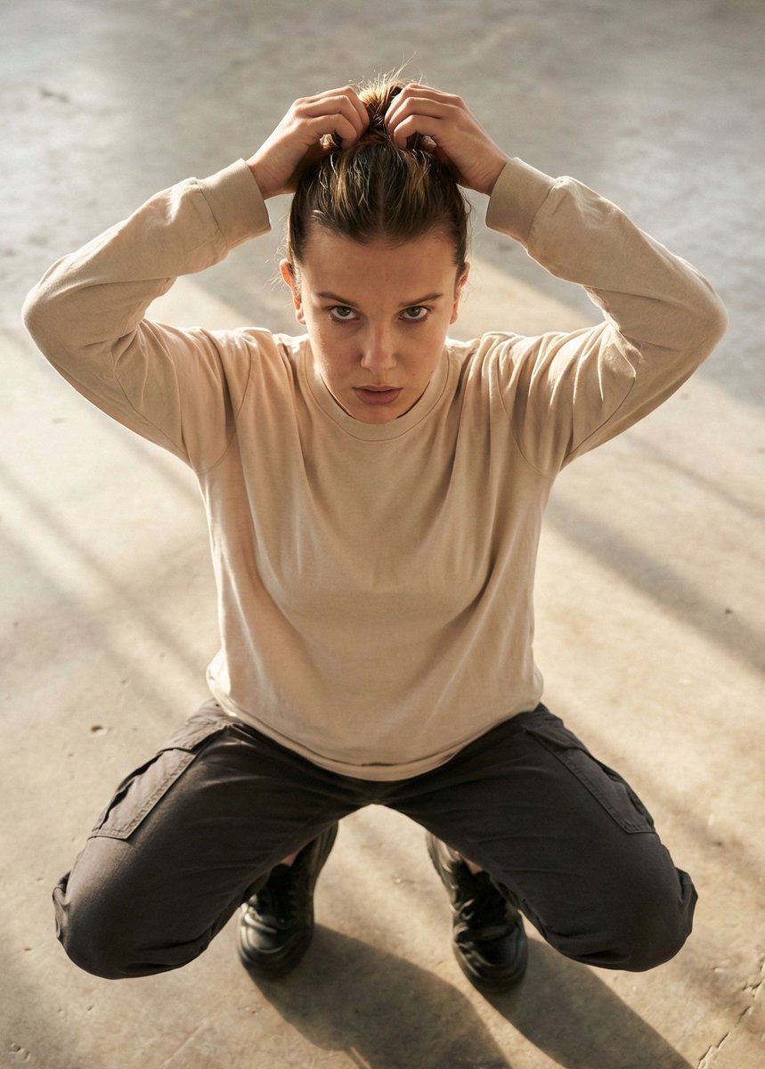 Editorial realism portrait of a woman tying her hair AI image template preview