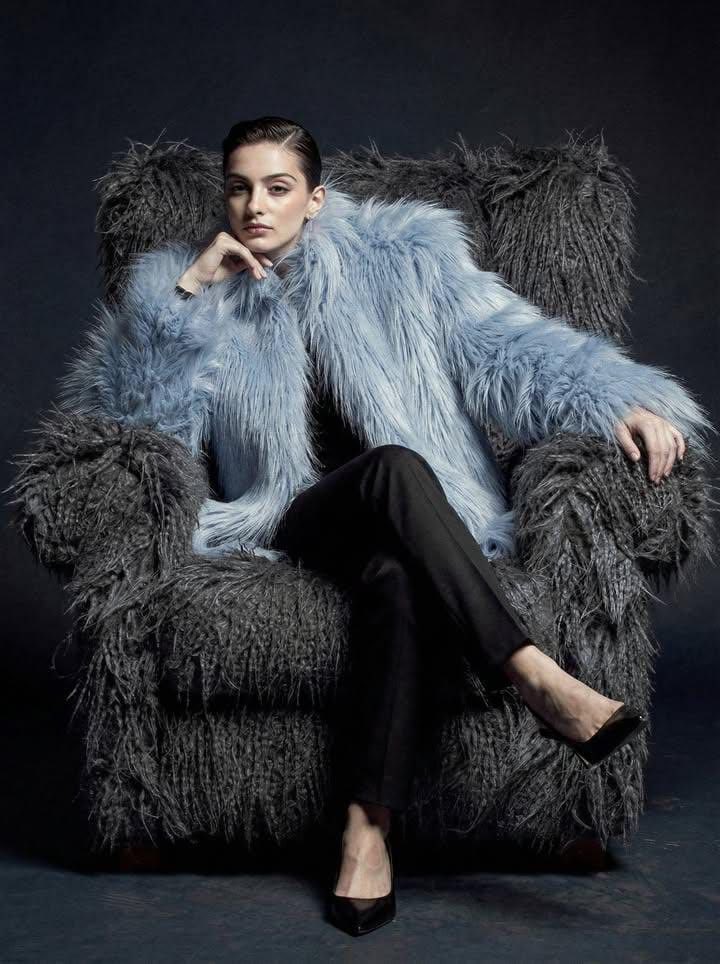 Ultra-high fashion editorial portrait in faux-fur coat AI image template preview