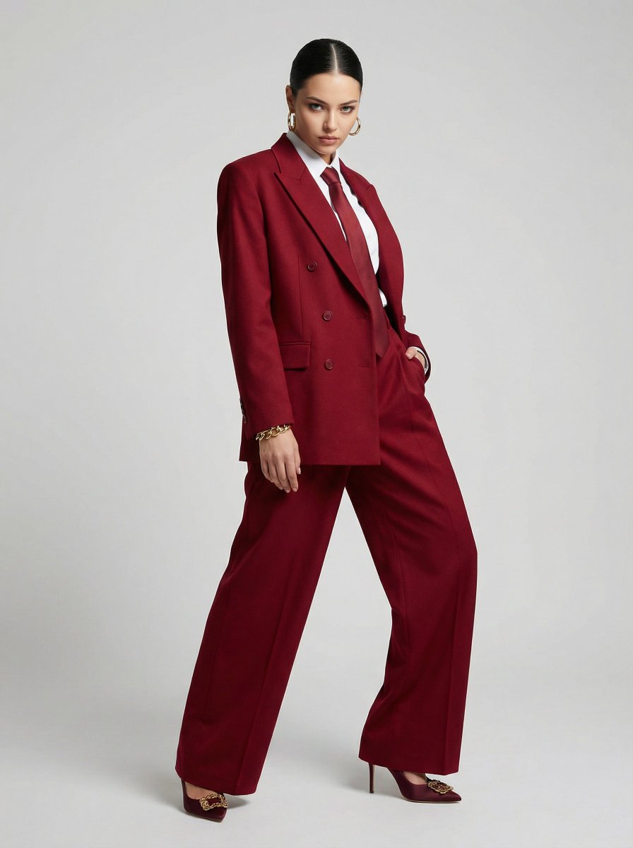 JSON Prompt for High-Fashion Editorial Portrait in Crimson Suit AI image template preview