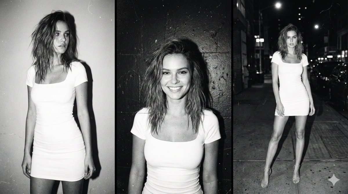 Multi-panel black and white film photo of model AI image template preview
